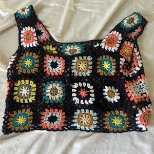 Handmade Black Crochet Square-Panel Tank Top with Multicolor Accents